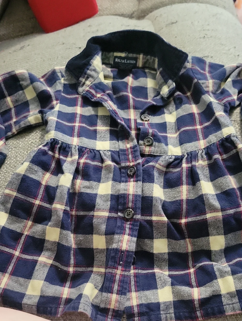 Ralph Lauren Navy Cream Plaid Button-Down Kids Shirt Dress